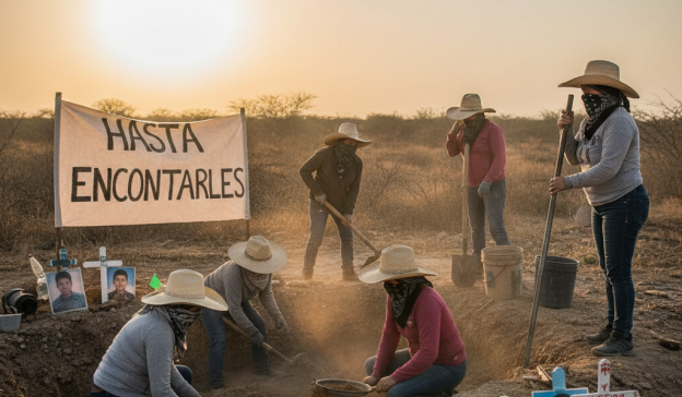 Madres buscadoras en una fosa en México.