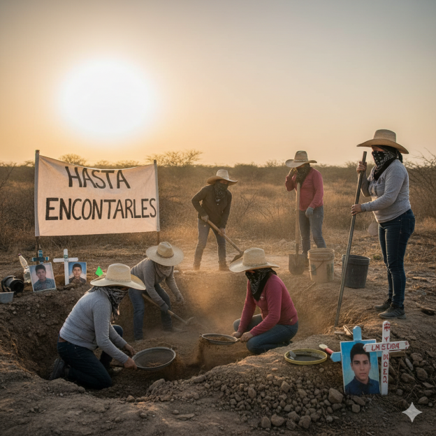 Madres buscadoras en una fosa en México.